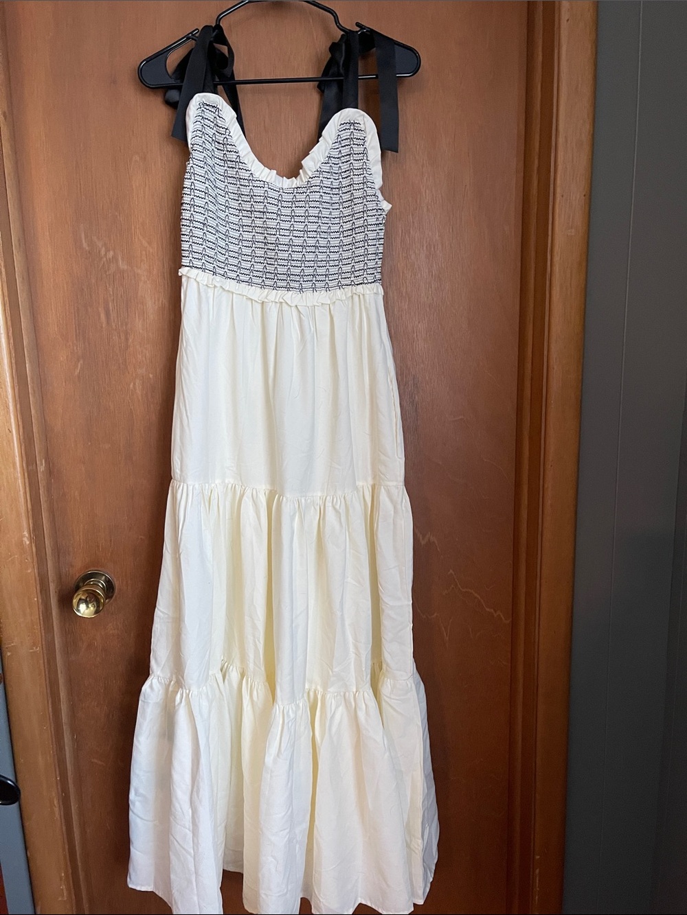 Smocked Bodice Maxi Dress with Black Tie Straps - Cream & Black